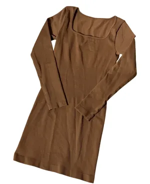 OQQ Ribbed Long Sleeve Bodycon Dress Womens M Brown Square Neck Mini‎ Stretch thumbnail 1