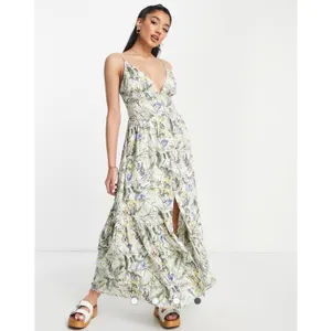 Abercrombie & Fitch Plunge Linen Blend Maxi Dress in Tropical Print, XS thumbnail 3