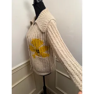 Anthropologie Pilcro Happy Flower Chunky Knit Cardigan Sweater Cream Button Up thumbnail 4
