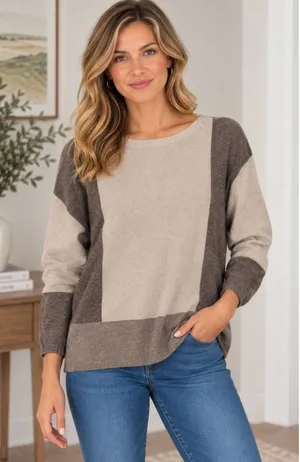 Vince Colorblock Wool Cashmere Sweater Neutral Geometric Boat Neck Women XS thumbnail 1