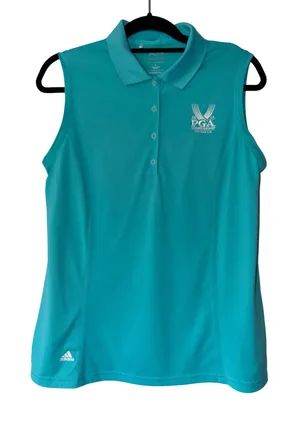 Adidas Golf Womens Puremotion Sleeveless Polo‎ Shirt Teal 2014 PGA Valhalla L thumbnail 1