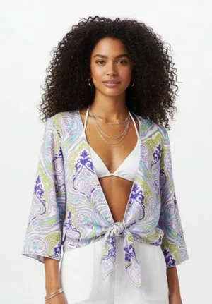Soft Surroundings 100% Silk White Print Tie Waist 3/4 Sleeve Blouse Top 2X thumbnail 1