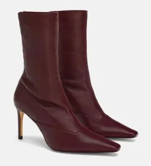 Zara Burgundy Stretch Leather Stiletto Heeled Ankle‎ Boot EU36 US 5.5 Square Toe thumbnail 1