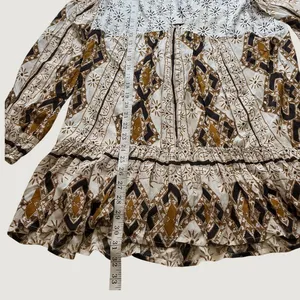 Free People Mixed Print V-Neck Tunic Mini Dress Brown Cream Mustard Size M thumbnail 7