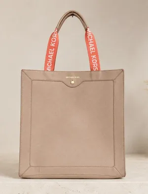 Michael Kors Large Taupe PVC Logo Strap North South Tote Bag Coral Gold thumbnail 1