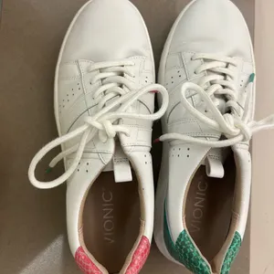 Sneakers White Leather Women's Sneakers with Green Heel Accent 6 by Vionic thumbnail 5