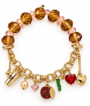 Betsey Johnson NWT Gold Tone Coffee Cup Apple Hearts Beaded Charm Bracelet Y2K thumbnail 1