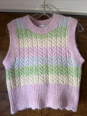 Zara Pastel Striped Cable Knit Cropped Sweater Vest Striped Wool. Size S thumbnail 2