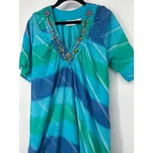Vermont Country Store Midi Dress Women 1X Blue Tie Dye Embroidered Beaded Boho thumbnail 2