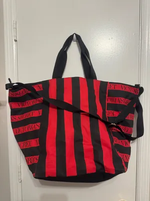 Victorias Secret The Perfect Red Weekender Tote Beach Bag Zipper Black Striped thumbnail 2
