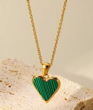Stainless Steel Malachite Heart Pendant Necklace thumbnail 1