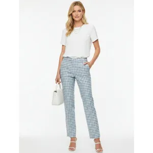 Ann Taylor 100% Silk Blue Plaid Gingham Straight Leg Pants 4 thumbnail 6
