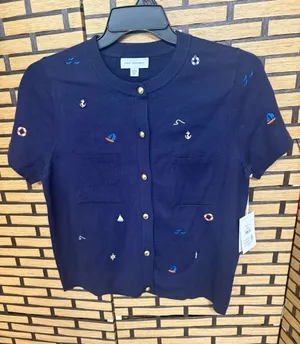 Free assembly navy nautical short sleeve cardigan size large thumbnail 1