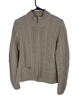Lands End Womens M 10-12 Tan Cable Knit Cotton Full Zip Cardigan Sweater thumbnail 1