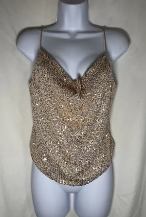 Sparkly Rose Gold Sequin Camisole Cowl Neck Tank Top Cropped Party Clubwear - M thumbnail 1