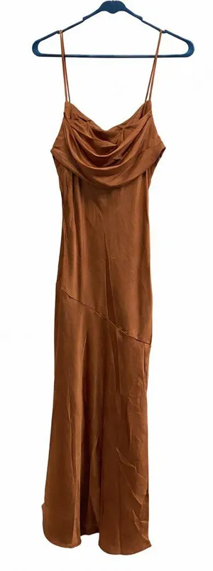Selfie Leslie Chocolate Brown Satin Cowl Neck Maxi Slip Dress L NWT thumbnail 1