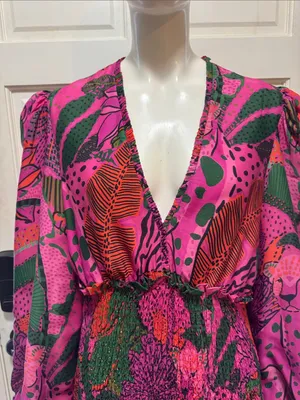 Farm Rio Boho Cool Leopards Mini Dress V-Neck Smocked Mini Dress Size Large thumbnail 3