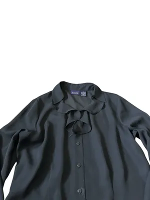Vintage Chiffon Ruffle Button Up Blouse Bell Sleeves Semi Sheer Dark Victorian thumbnail 3