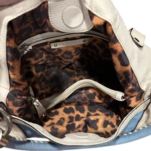 B. Makowsky Blue and Cream Shoulder leather laptop message Bag leopard lining thumbnail 5