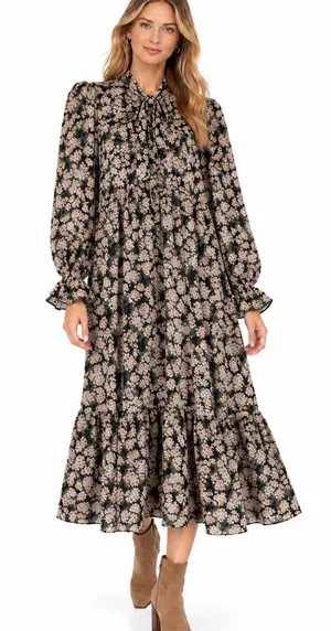 Never Fully Dressed Floral Tie Neck Tiered Loose Fit Midi Maxi Dress Size 4 thumbnail 1