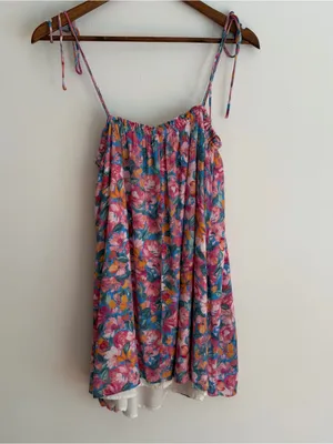 Sadie & Sage Floral Mini Dress Tie Shoulder Straps Smocked Pink Blue Large L thumbnail 4