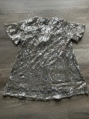 Zara Silver Sequin V-Neck Mini Swing Dress Womens Sz Medium Holiday New Year thumbnail 6
