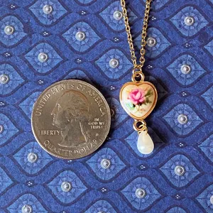 Handmade cottage fairy antique style heart rose necklace🌹🩵 thumbnail 8