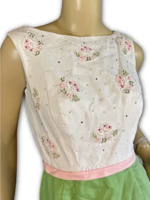 Vintage 1960'S Green, White & Pink Floral Print Sheath/Wiggle Dress (Xs) thumbnail 8