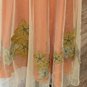Citrine Midi Skirt Mesh Overlay Burlap-Like Leaf Applique Blue Beads Sequins 14 thumbnail 2