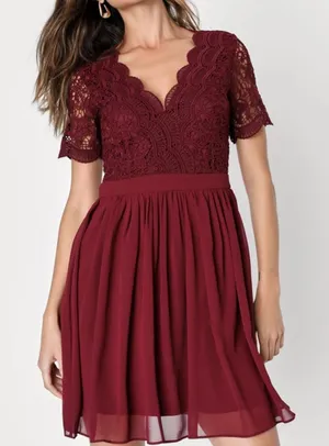 Lulus Angel in Disguise Lace Skater Dress Women's‎ Size Medium Burgundy V-Neck thumbnail 1