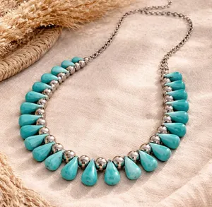 Vintage Turquoise Beaded Necklace | Silver Tone Statement | Southwestern Boho thumbnail 1