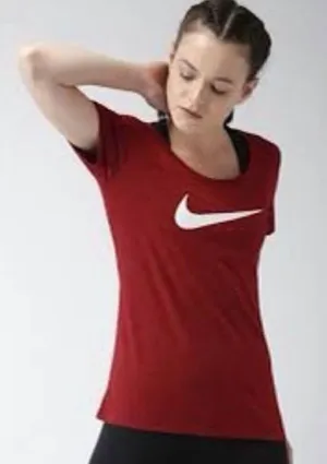 Womens Nike Athletic Fit Deep Red Cotton Swoosh Logo Graphic Tee Shirt - Sz S thumbnail 1
