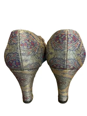 Vintage 1960'S Mademoiselle Light Blue & Gold Brocade Paisley Heels (7.5n) thumbnail 7