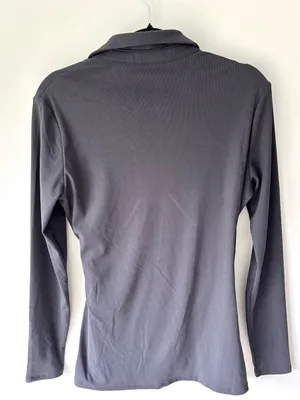 Mango Belinda Wrap Top Blouse V Neck Collared Charcoal Gray Ribbed NWT thumbnail 11