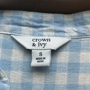 Crown & Ivy Baby Blue & White Plaid Short Flutter Sleeve Linen Blend Top size S thumbnail 2