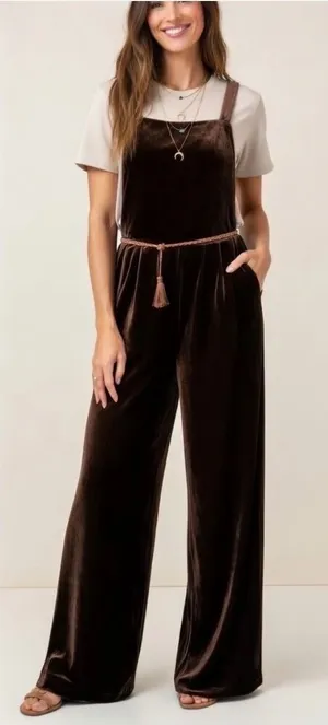 Earthbound Trading Co Brown Velvet Corduroy Wide Leg Overalls Jumpsuit Small NEW thumbnail 1