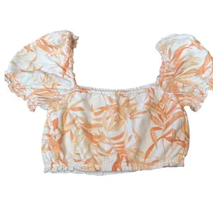 Abercrombie‎ & Fit Puff Sleeve Linen Crop Top Orange Cream Floral Preppy Cottage thumbnail 3