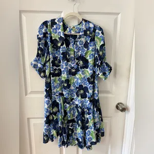 Free People Floral Mini Dress Blue Green Flowy‎ V Neck Size LG Moon Chaser thumbnail 11