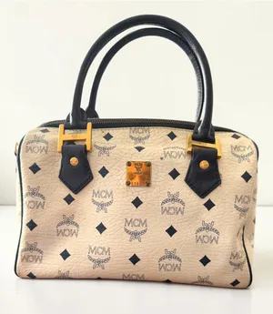 MCM Vintage Visetos Boston Satchel Ivory Black Monogram Top Handle Bag thumbnail 1