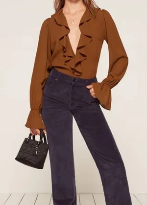 REFORMATION Brown Ruffle Penny Bodysuit Size Medium‎ thumbnail 1