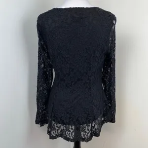 Carmen Marc Valvo Black Lace Long Sleeve Layered Top Medium thumbnail 5