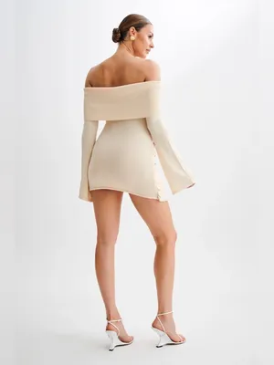 NWT‎ Meshki Camryn Off Shoulder Tie Knit Mini Dress Cream Marle Women’s Size L thumbnail 2