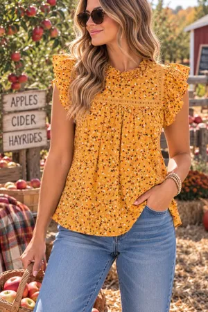 NWT LOFT Boho Floral Ruffle Peplum Top Mustard Cottagecore Modal Blouse Small thumbnail 1
