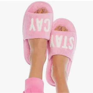 Mud Pie Pink White Terry Cloth Slide Slippers 'STAY CAY' Spellout 9 thumbnail 2
