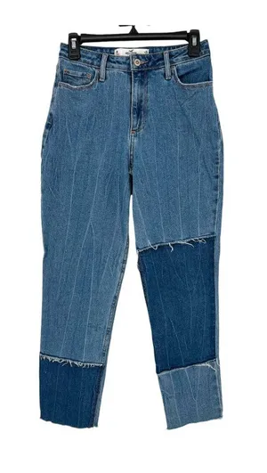 Hollister Curvy High Rise Mom Jeans Patchwork Denim Two Tone Blue Size 26 NWOT thumbnail 1