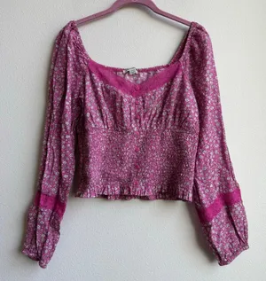 American Eagle Peasant Boho Shirt Cottage Pink Floral 100% Cotton Size Medium thumbnail 1