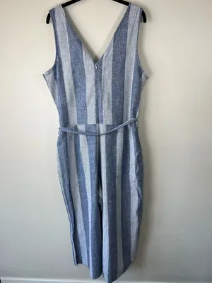 Beach Lunch Lounge Linen Blend Cropped Jumpsuit Blue Stripe Wide Leg Coastal Lg thumbnail 9