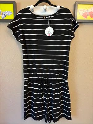 NEW! ANRABESS Size LARGE Black & White Striped Shorts Romper Short Sleeve thumbnail 1