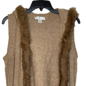 Christopher & Banks Open‎ Hooded Brown Vest Fux Fur Trim Wool Blend Women Small thumbnail 2