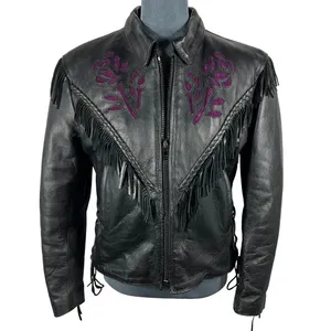 UNIK Leather Fringe‎ Biker Jacket Small Black Purple Rose Inlay Motorcycle Goth thumbnail 14